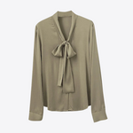 Green Spring Bow Collar Mulberry Silk Womens Blouse